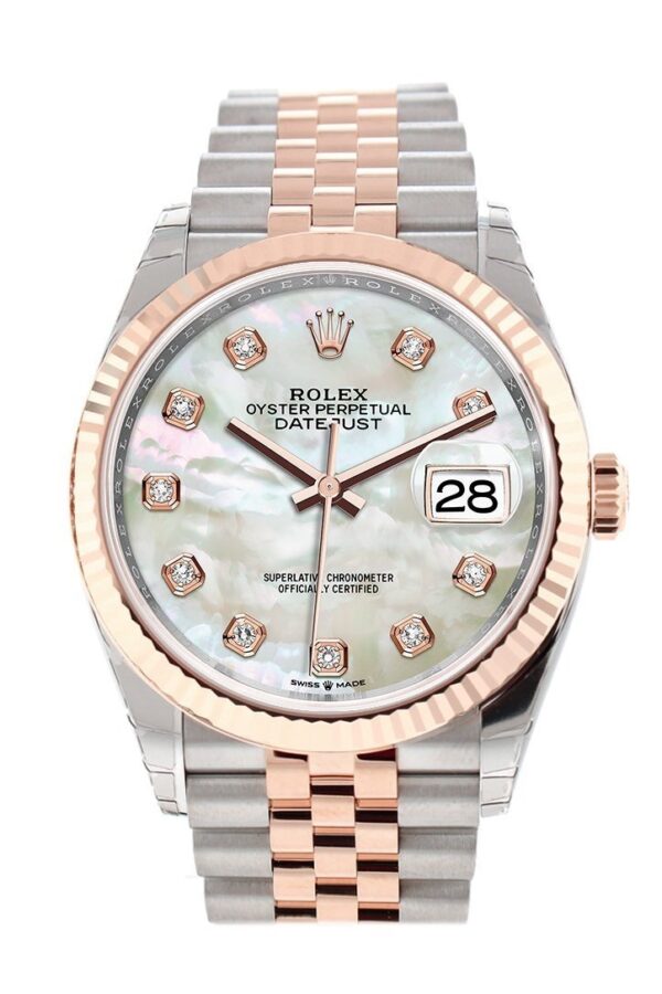 Datejust 36 White Mother-of-Pearl Set with Diamonds Dial Fluted Rose Gold Two Tone Jubilee Watch 126231 NP