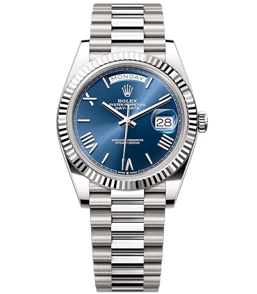 Rolex Day-Date 40 Presidential Blue dial, Fluted Bezel, President bracelet, White gold Watch