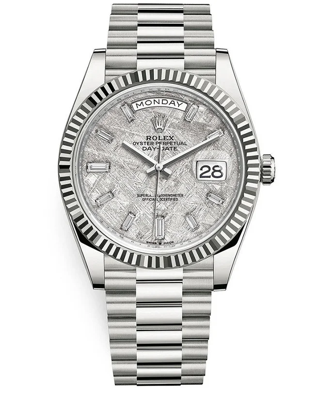 Rolex Day-Date 40 Presidential 228239 Fluted Bezel Baguette Diamond Meteorite Dial